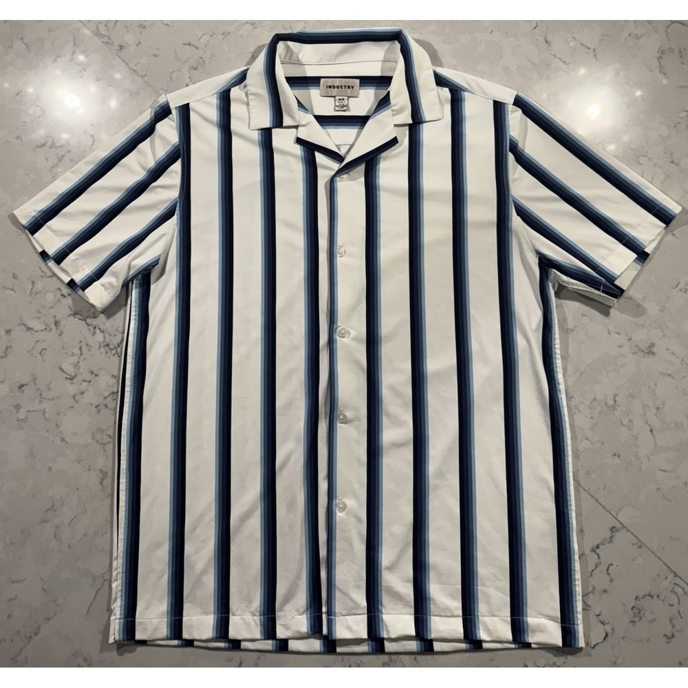 Industry Mens Button Up Shirt Medium White Blue Striped Short Sleeve Camp Collar